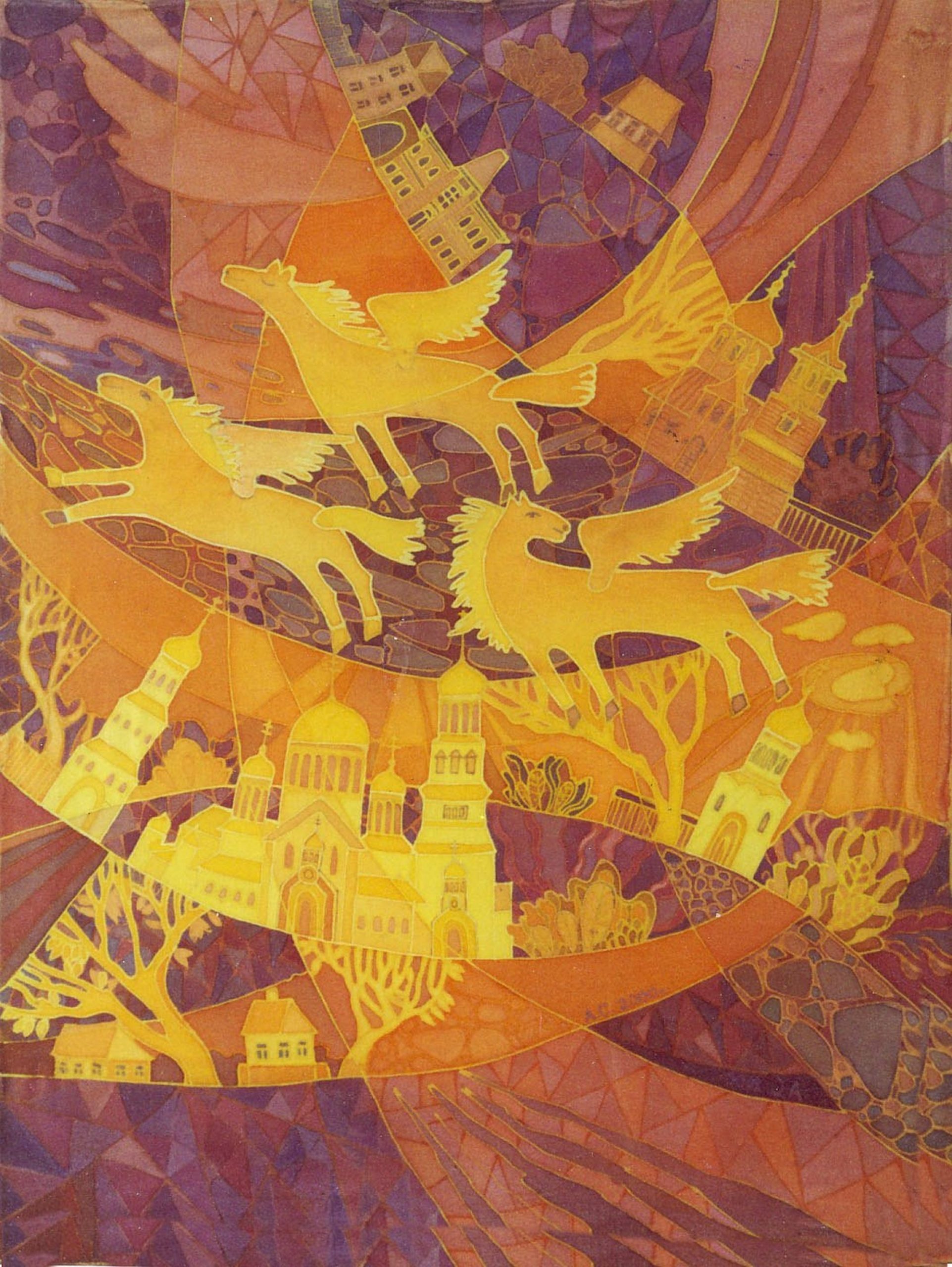 batik - Flying-Horses-over-my-city.-painting-on-silk.-60х80.-2000