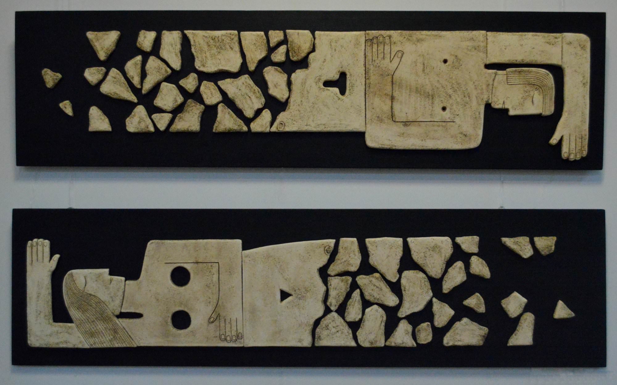 on-board - 6.From-the-series-Corsica.He-and-She-2.-chamotte-panno-ceramic-decorated-on-the-wood-board.-two-parts-160x40160x40-2013